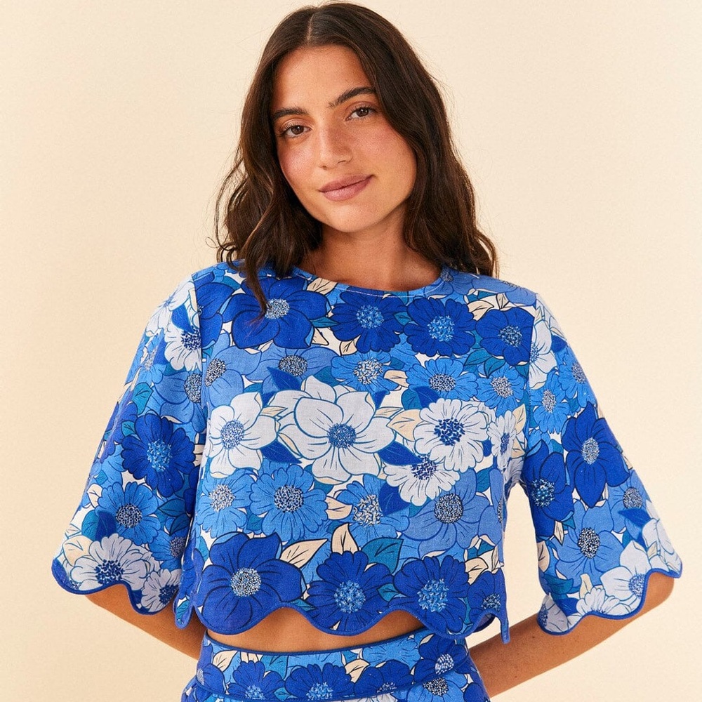 FARM Rio Blue Flower Stripes Crop Top Size XL